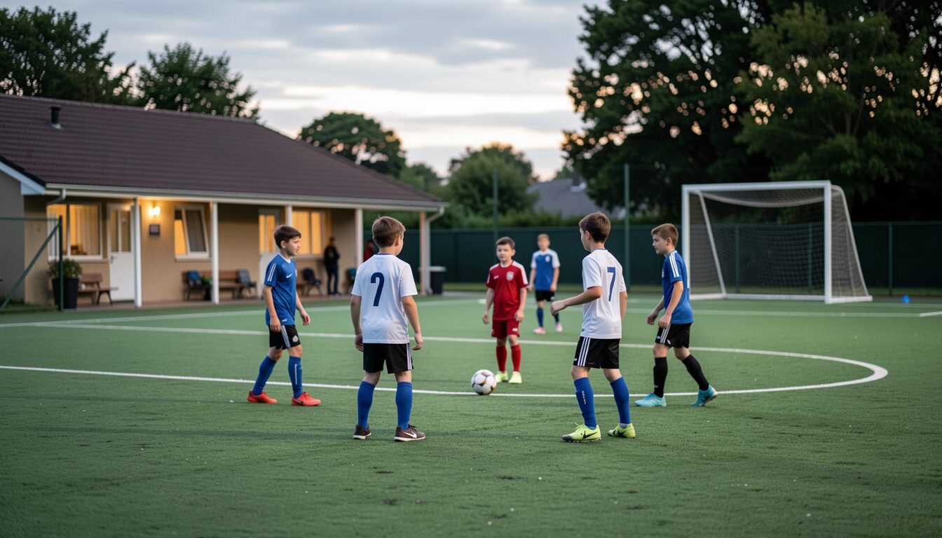 Young players around a football on a floodlit community pitch beside a low clubhouse at dusk