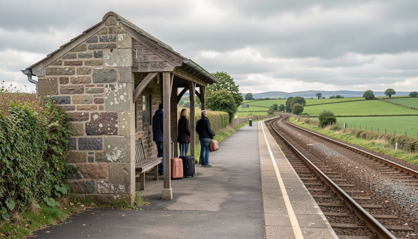 A stone shelter and bench on a single rural platform, the track curving away between green fields