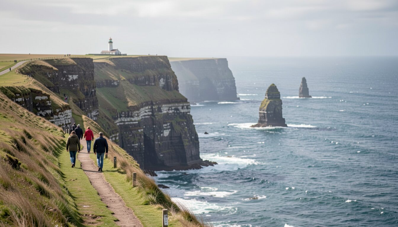Walkers on a grassy cliff path above dark sea stacks and breakers, a lighthouse on the headland beyond