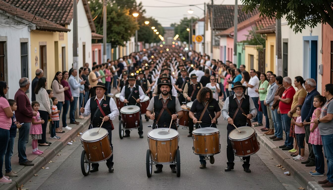 A drum band marching down a narrow street between painted houses, families watching from the pavements