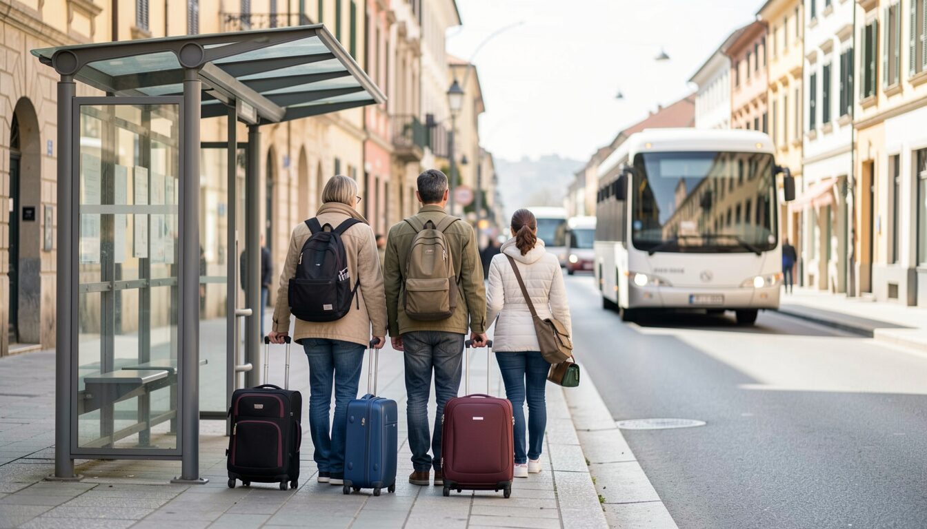 Three travellers with wheeled suitcases waiting by a glass bus shelter as a plain coach comes up the street