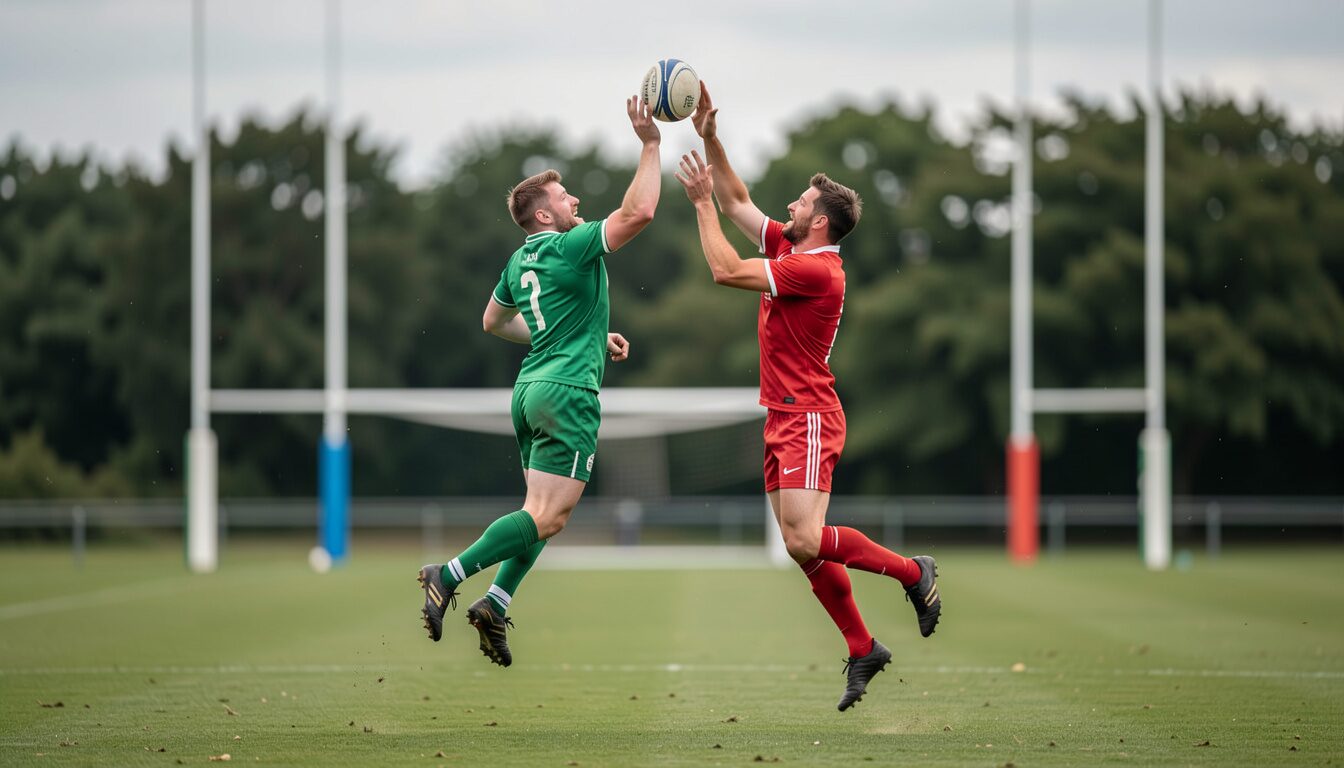 Two Gaelic footballers in plain green and red jerseys leaping for a high ball in front of the posts