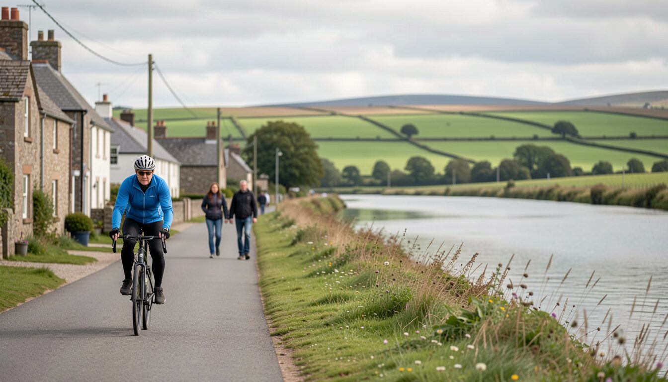 A cyclist on a quiet riverside path beside a small town, walkers ahead and fields beyond the water