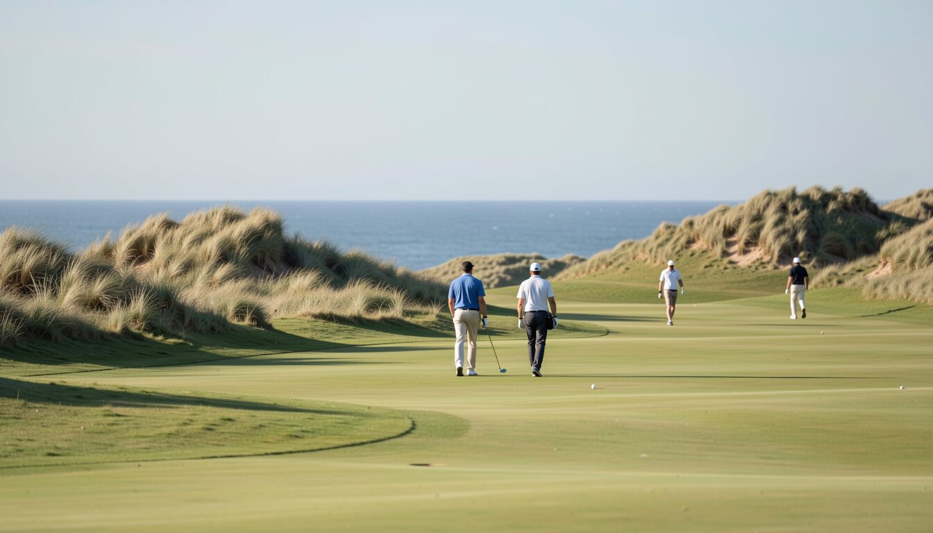 Golfers walking a links fairway between dunes with the sea on the horizon under a soft sky