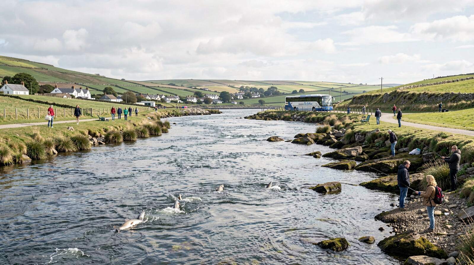 The River Moy running past green fields towards Ballina, walkers on both banks and a fish breaking the surface by the rocks