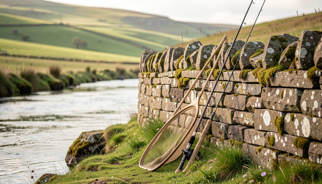 A landing net and a fly rod leaning on a mossy stone wall beside a river, green hills behind