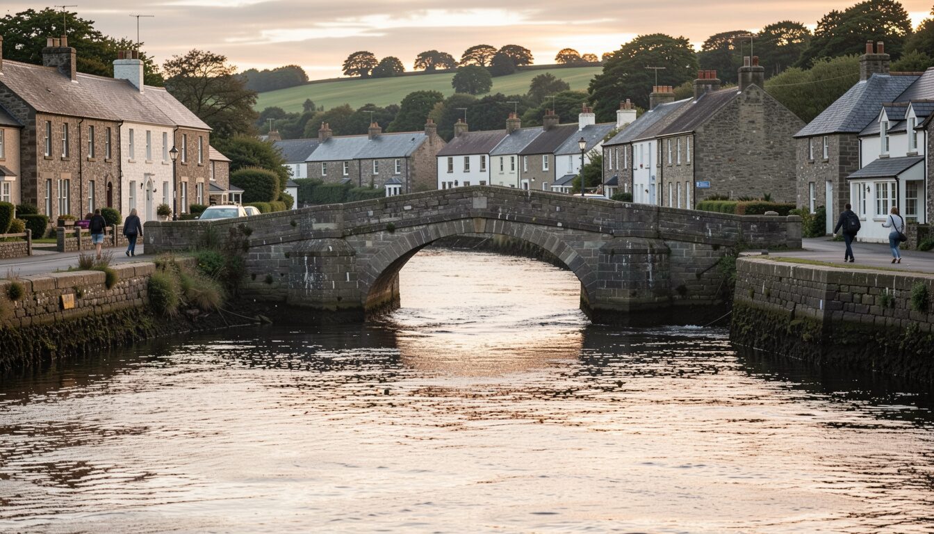 A stone arched bridge over the river in a small Irish town at evening, houses on both quays