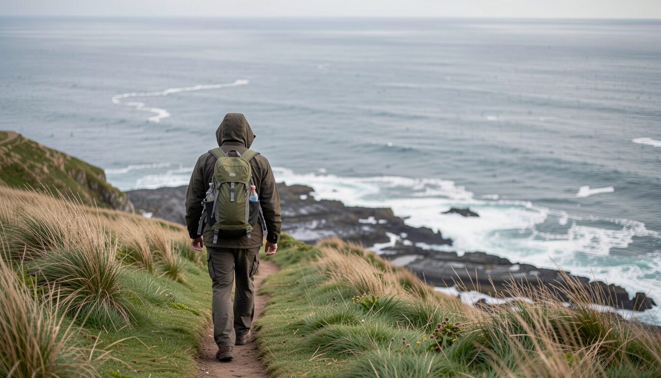 A walker with a rucksack on a grassy headland path above the Atlantic, waves on the rocks below