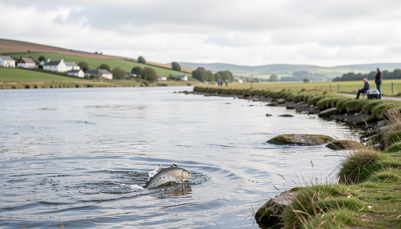 A salmon breaking the surface of a wide river pool below green fields and a scatter of houses