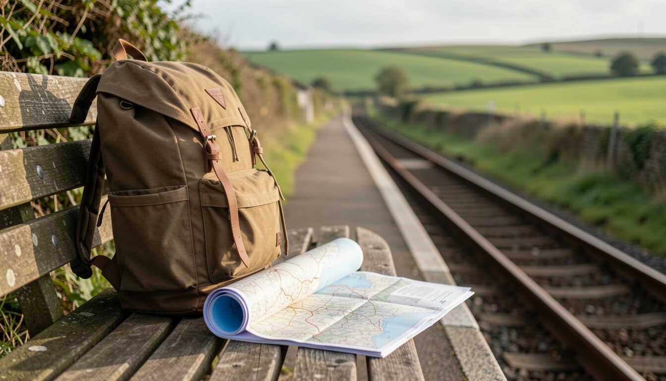 A rucksack and a rolled map on a wooden bench of a rural railway platform, the track running into green fields