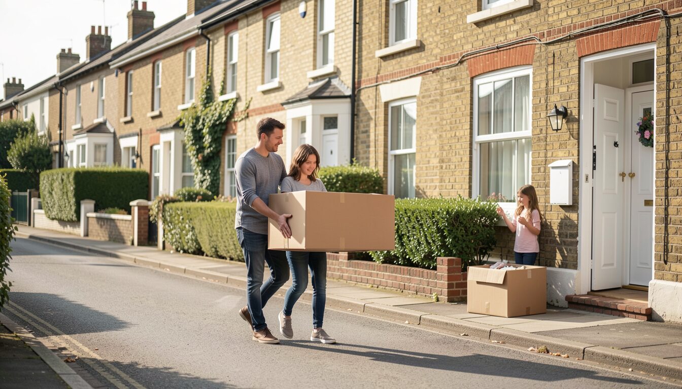 A couple carrying a cardboard box into a brick terraced house, boxes stacked by the front door