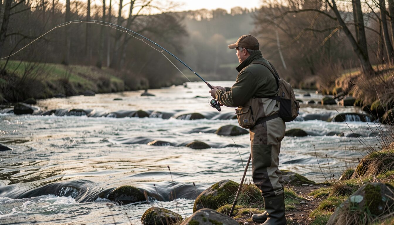 An angler in waders casting a fly rod across a fast stretch of the Moy under bare winter trees