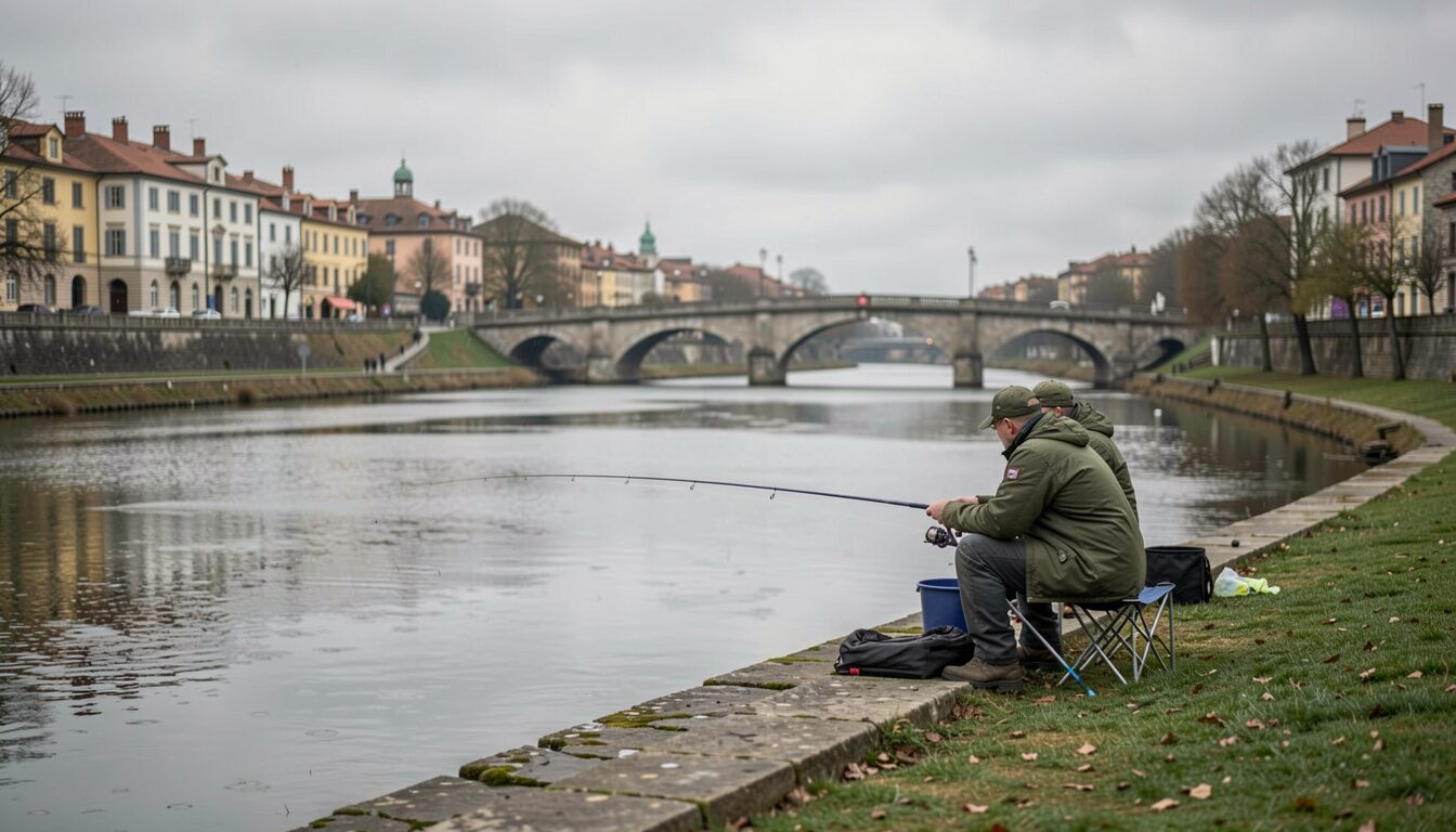 An angler seated on the stone quay of the Ridge Pool in Ballina, the arched bridge and the town behind