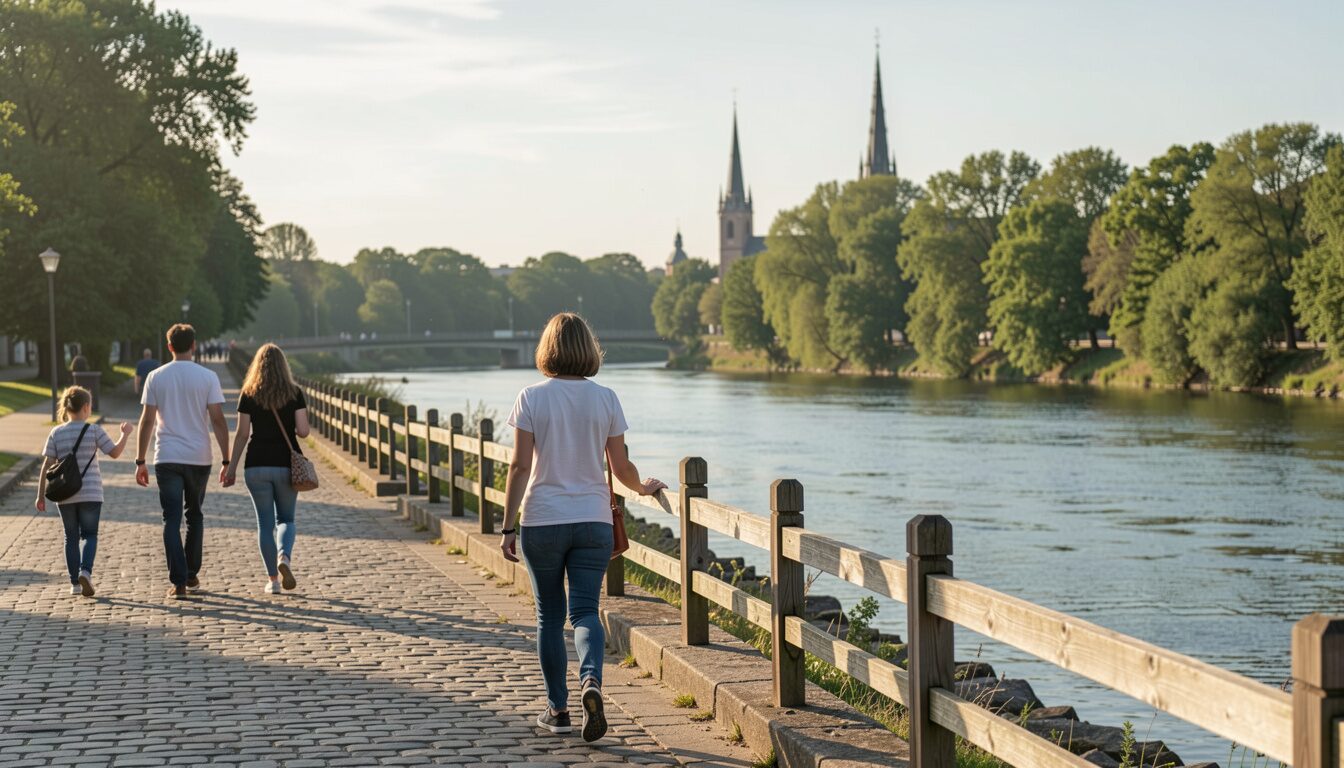 Families walking along a cobbled riverside promenade with a wooden railing, church spires above the trees
