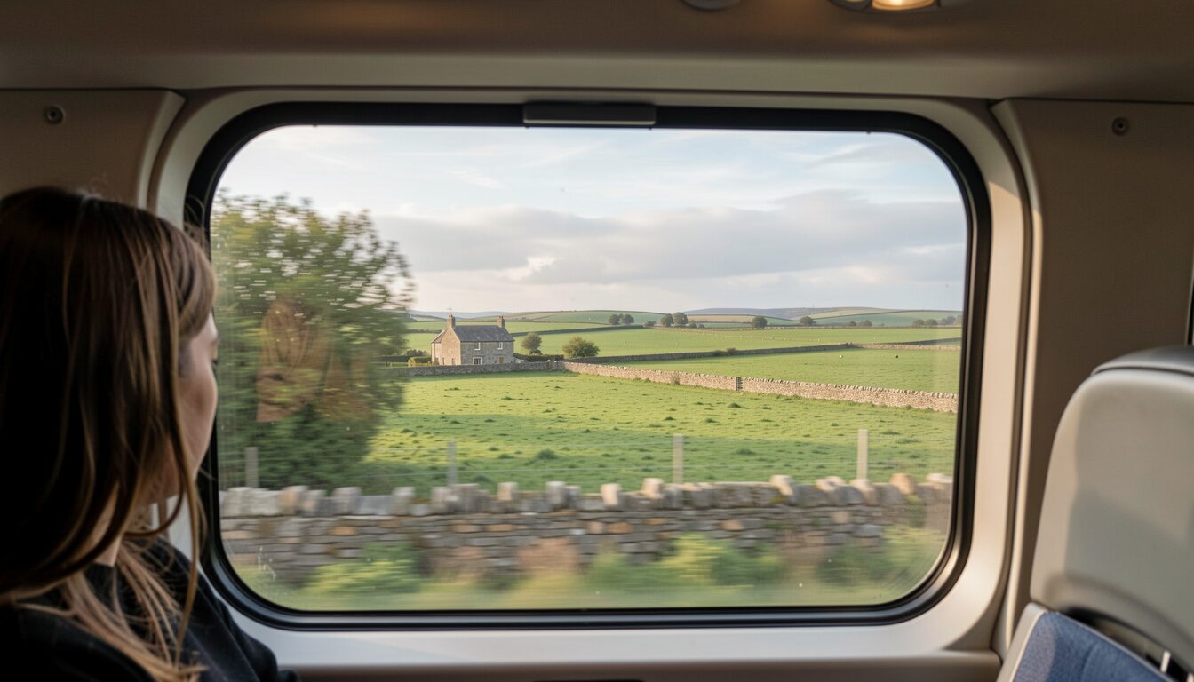 Green fields, stone walls and a farmhouse seen through the side window of a coach heading into Mayo