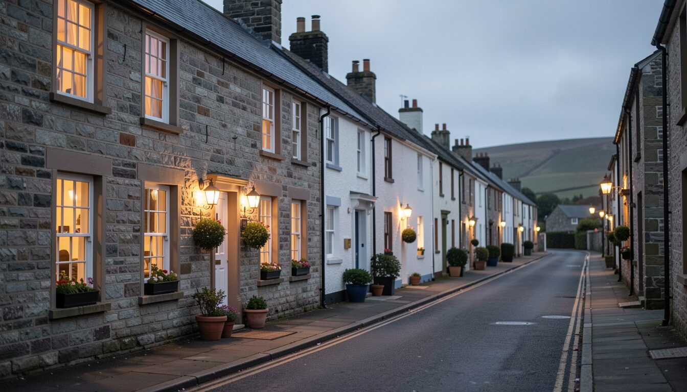 A terrace of stone guesthouses on a quiet street at dusk, warm light in the windows and pots by the doors